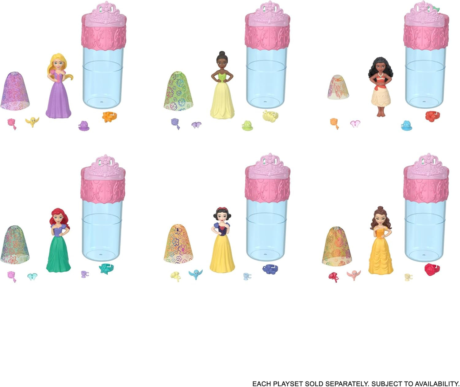 Mattel Disney Princess Royal Color Reveal Muñeca pequeña con 6 sorpresas, incluido anillo perfumado y 4 accesorios (las muñecas pueden variar), serie Garden Party HRN63