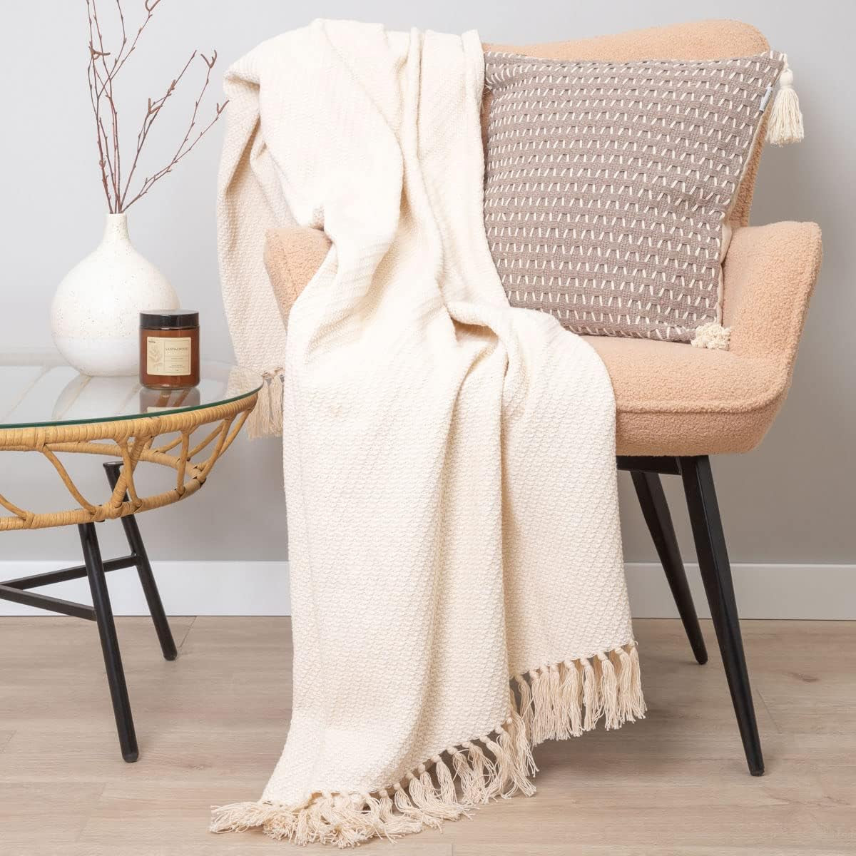 HOMLA Manta con flecos de algodón Morris Plaid - Manta suave y cómoda Manta de algodón - tejido fino 130 X 170 Cm Crudo Camas y mantas Besuche den HOMLA-Store