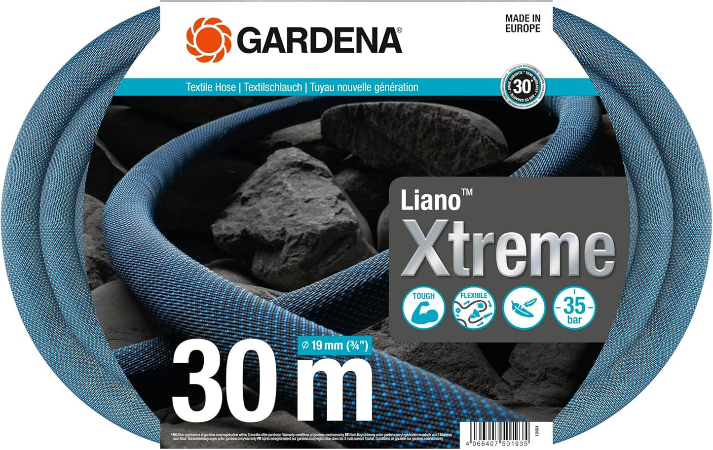 Gardena Liano Xtreme 3/4 pulgadas, Set 30m: Manguera de jardín textil extremadamente robusta con manguera interior de PVC, ligera, resistente a la intemperie (18484-20), Multicolor