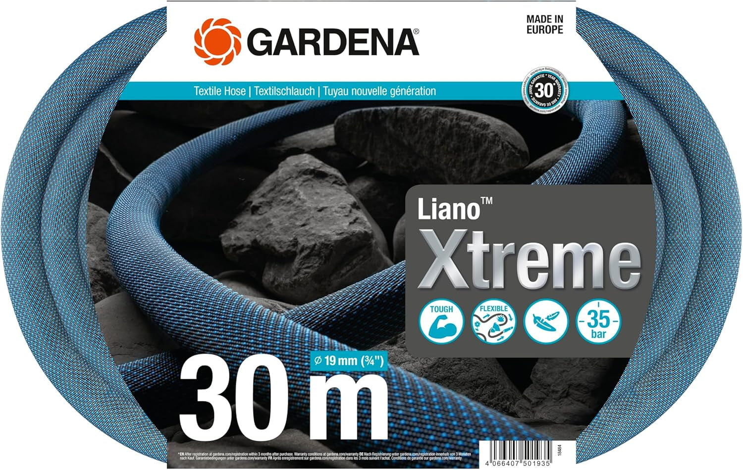 Gardena Liano Xtreme 3/4 pulgadas, Set 30m: Manguera de jardín textil extremadamente robusta con manguera interior de PVC, ligera, resistente a la intemperie (18484-20), Multicolor