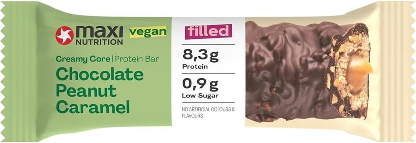 MaxiNutrition Barrita proteica vegana cremosa con chocolate, cacahuetes y caramelo 12x45g - barrita proteica vegana, 18% de proteína, 8,3 g por barrita, bajo contenido en azúcar (0,9 g), sin azúcar añadido, sin aromas artificiales