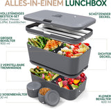 Umami Fiambrera para Adultos, Fiambrera Bento Apilable con 4 Cubiertos y Compartimentos, Fiambrera para Adultos, Contenedor de Ensalada para Llevar, Fiambrera para Picnic/Oficina, Gris Antracita, Cajas de Almacenamiento de Alimentos 1500ml Naty Shop