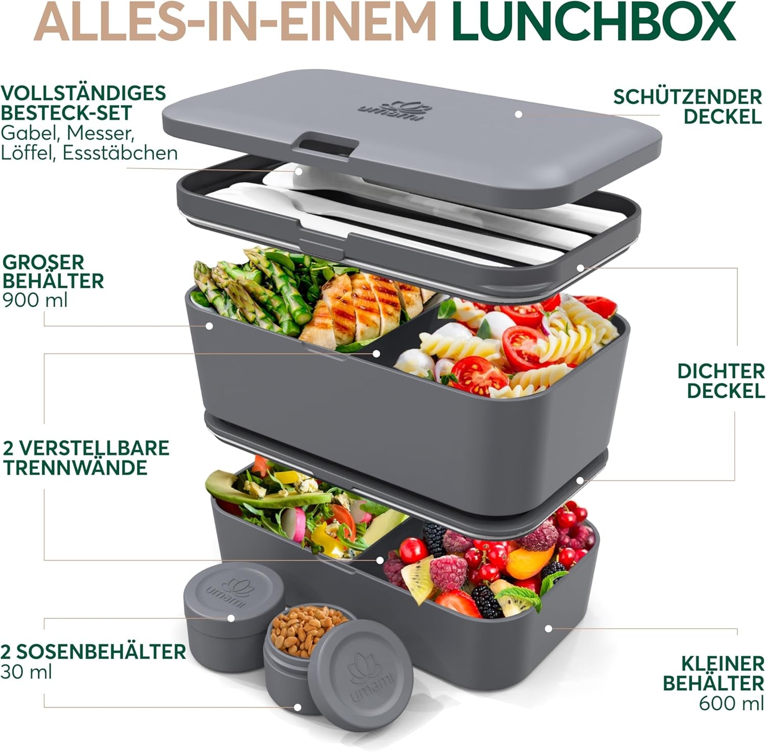 Umami Fiambrera para Adultos, Fiambrera Bento Apilable con 4 Cubiertos y Compartimentos, Fiambrera para Adultos, Contenedor de Ensalada para Llevar, Fiambrera para Picnic/Oficina, Gris Antracita, Cajas de Almacenamiento de Alimentos 1500ml Naty Shop