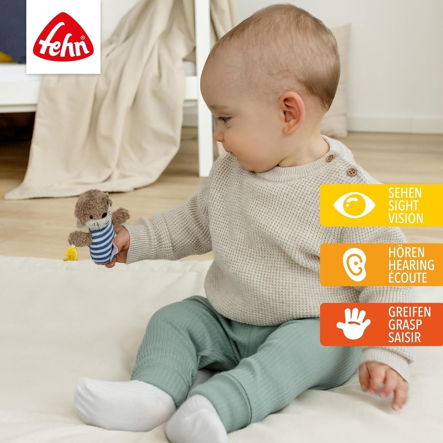 Fehn mini sonajero nutria - mini juguete de agarre para hacer sonar, tocar y jugar con un animal de tela suave y tierno - un fiel compañero para bebés y niños pequeños a partir de 0 meses Baby Toys Naty Shop