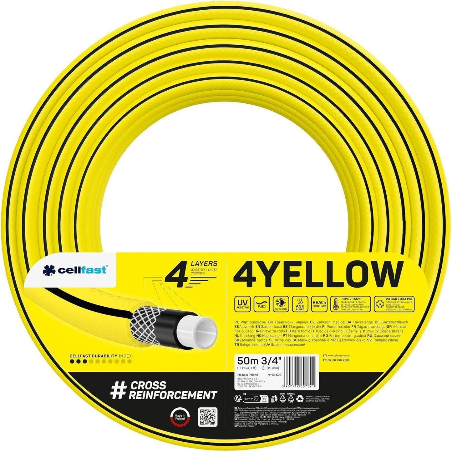 Manguera de jardín Cellfast AMARILLO, ligera, duradera, 4 capas, trenza cruzada duradera, resistente a los rayos UV y a las algas, resistente a la torsión, tecnología REACH, 20 bar, -10/+50°C, cierre: 3/4", 50m