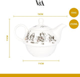 Juego de tetera y tazas Alicia en el País de las Maravillas para 1 persona en caja de regalo, servicio de té de porcelana fina, blanco, 250 ml