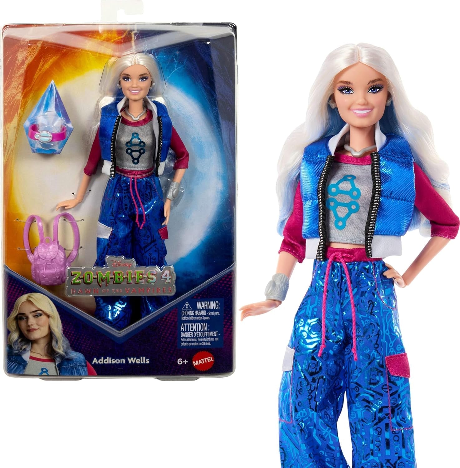 Mattel Disney Zombies 4: Dawn of the Vampires Addison Wells muñeca de moda con atuendo desmontable y 6 accesorios inspirados en películas, JFG32