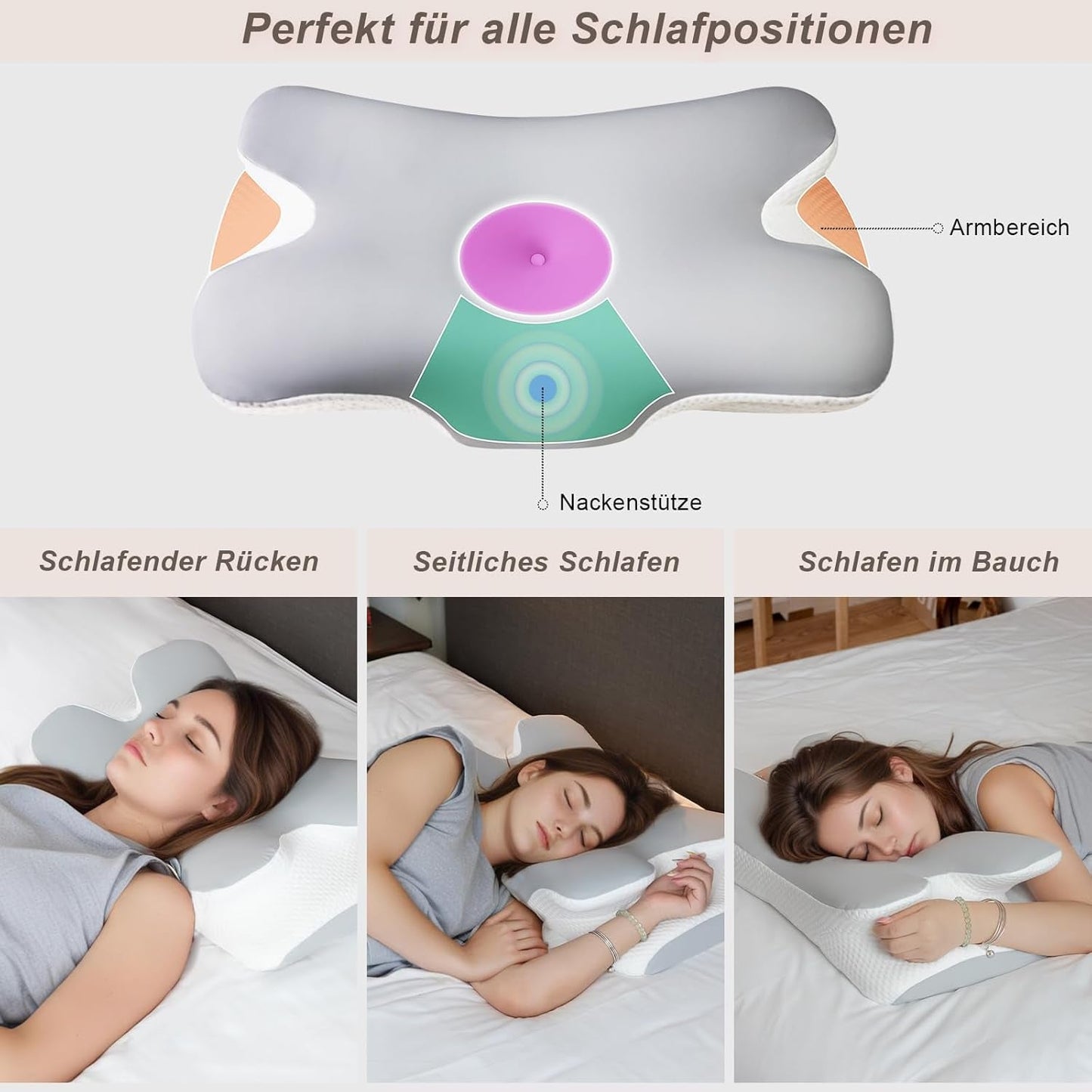 Almohada para el cuello Almohada ortopédica para la cabeza Almohada de espuma viscoelástica Almohada para impactos laterales - Diseño ergonómico Forma hueca para impactos laterales, dorsales y abdominales Gris claro Almohadas ortopédicas cervicales Naty Shop