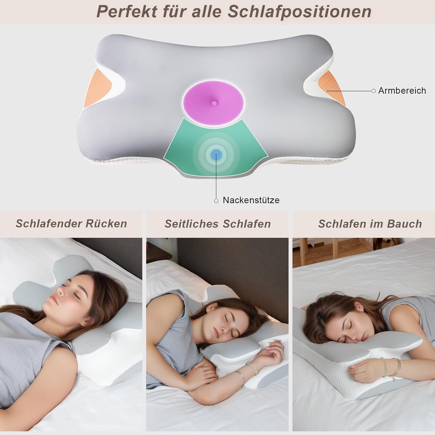 Almohada para el cuello Almohada ortopédica para la cabeza Almohada de espuma viscoelástica Almohada para impactos laterales - Diseño ergonómico Forma hueca para impactos laterales, dorsales y abdominales Gris claro Almohadas ortopédicas cervicales Naty Shop