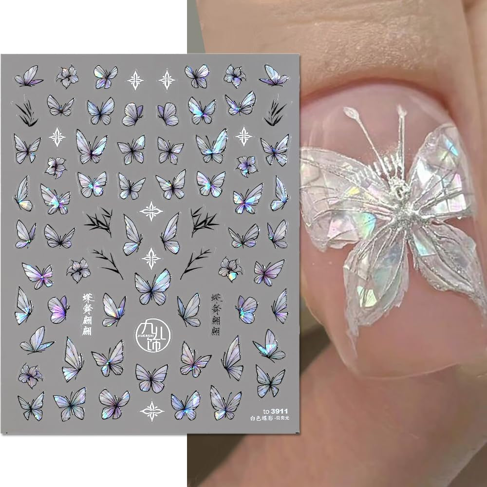 2 Blätter Schmetterling Nagelsticker Selbstklebend,Muschel Glitzer Nail Art Mariposas Adhesivos para uñas Lila Grau Schmetterlinge Nagelaufkleber Relieve Láser Mariposas Nagel Adhesivo Nageldesign Zubehör