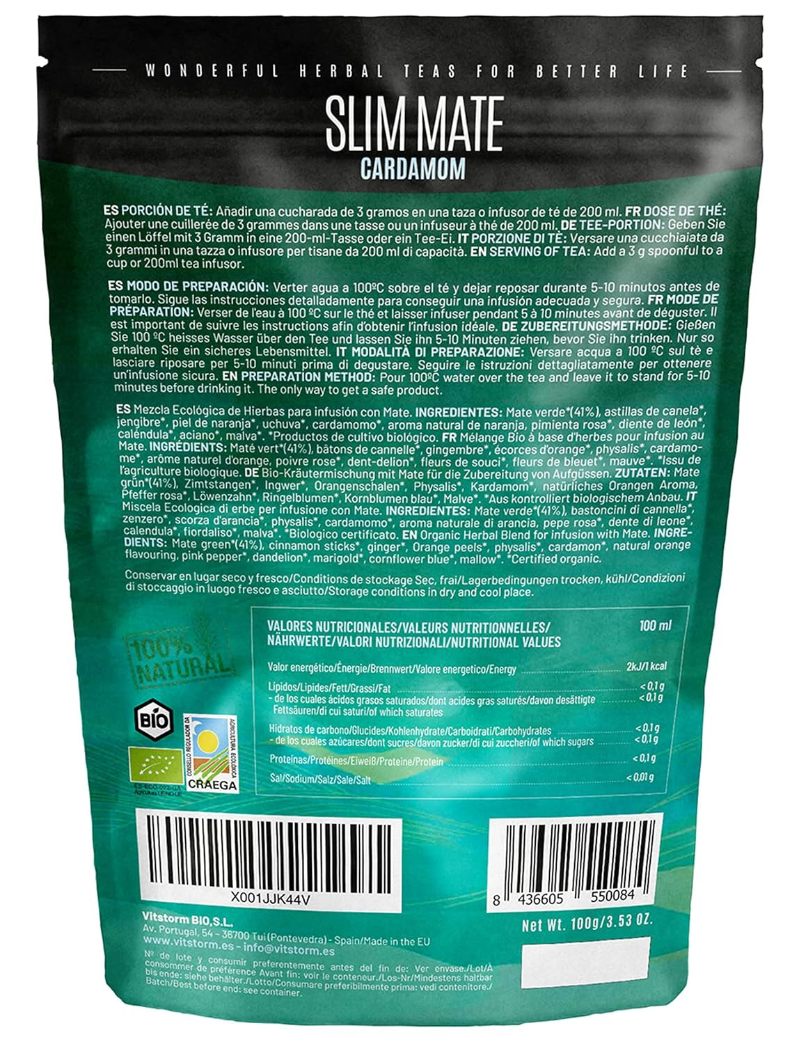 VITSTORM® Slim Tea Cardamomo – Té Yerba Mate BIO – Té detox y diurético – 100G