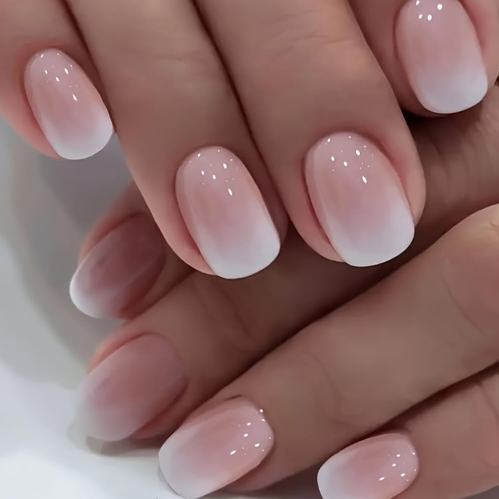 Juego de Uñas Postizas Adhesivas - Uñas Postizas Francesas - 24 Piezas Diseño Cuadrado Corto Blanco Rosa Degradado Uñas Artificiales Manicura Bailarina (Degradado Rosa Corto)