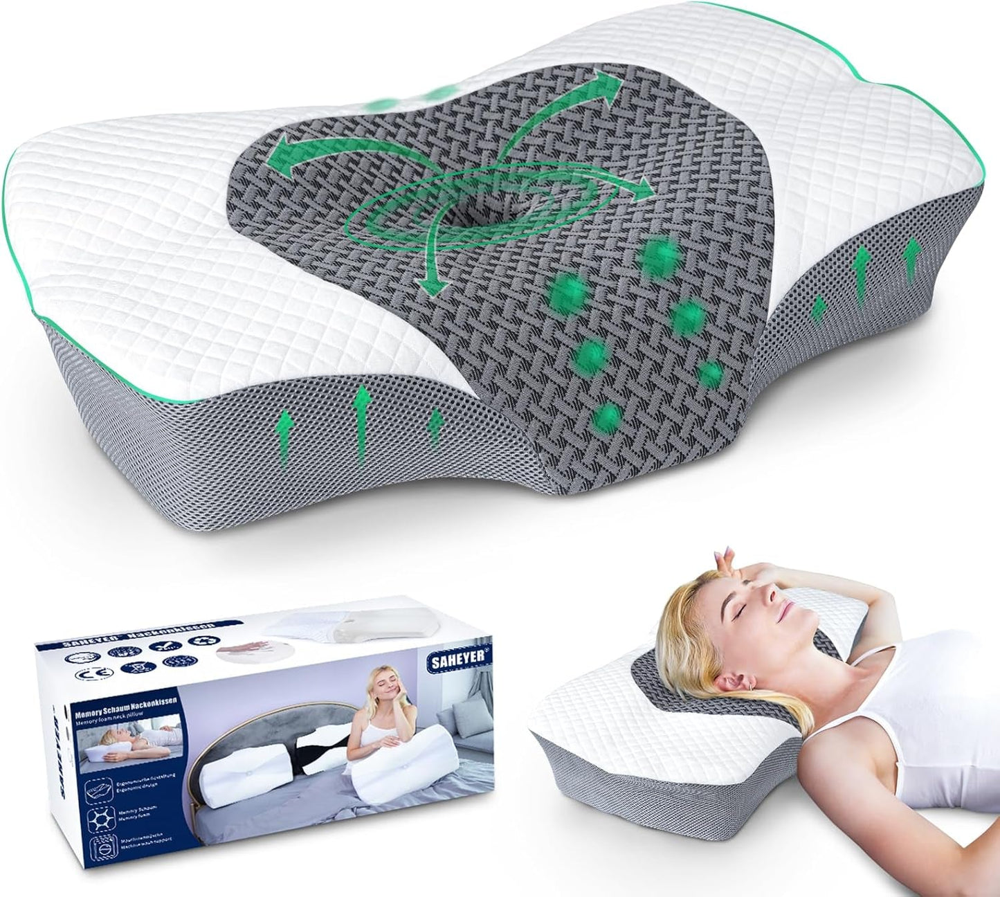 SAHEYER almohada ortopédica almohada para el cuello almohada para la cabeza almohada ergonómica para el cuello almohada para dormir de lado 60 X 40 X 13/11 cm almohada viscoelástica para dormir de lado espalda y estómago Almohadas ortopédicas cervicales Naty Shop Gris