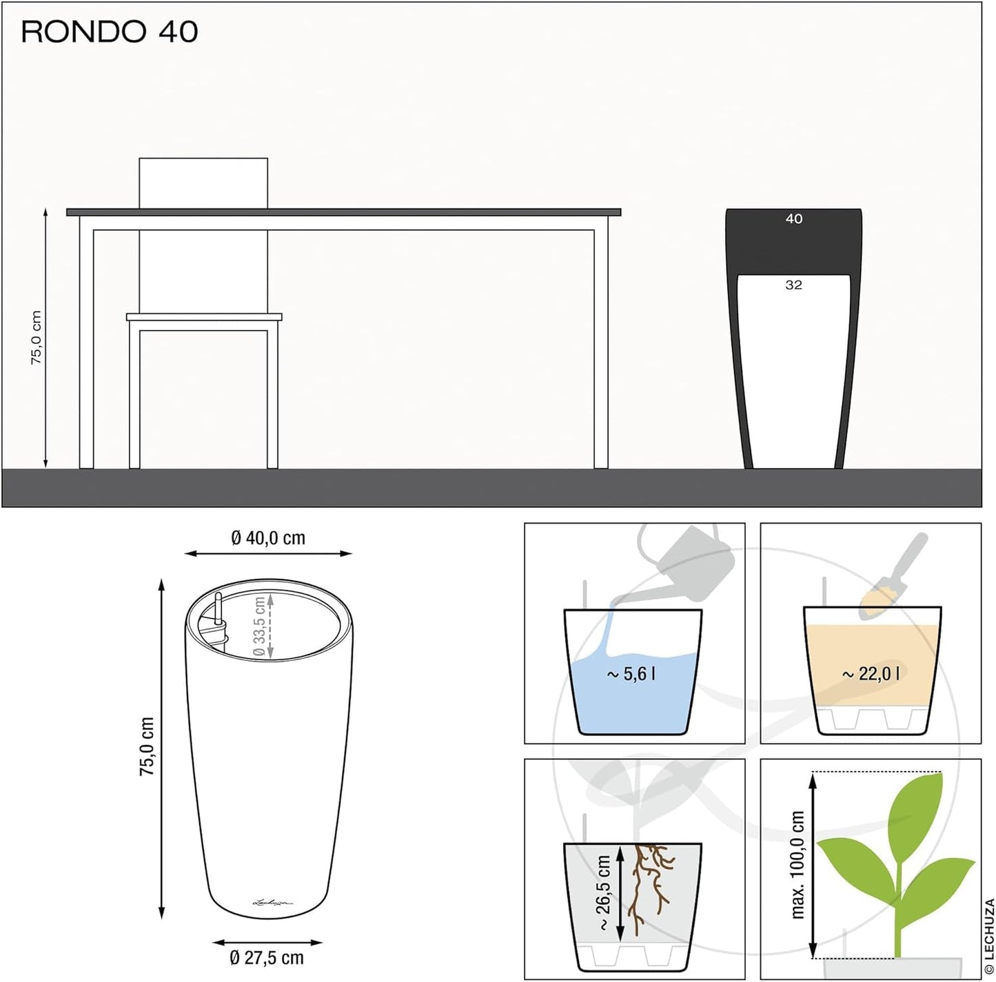 Jardinera LECHUZA Rondo Premium 32 Blanco Mate | Columna para plantas con sistema de riego, indicador de nivel de agua y inserto para plantas | Acabado mate | Ø 32,5 x 56,5 cm | 15786