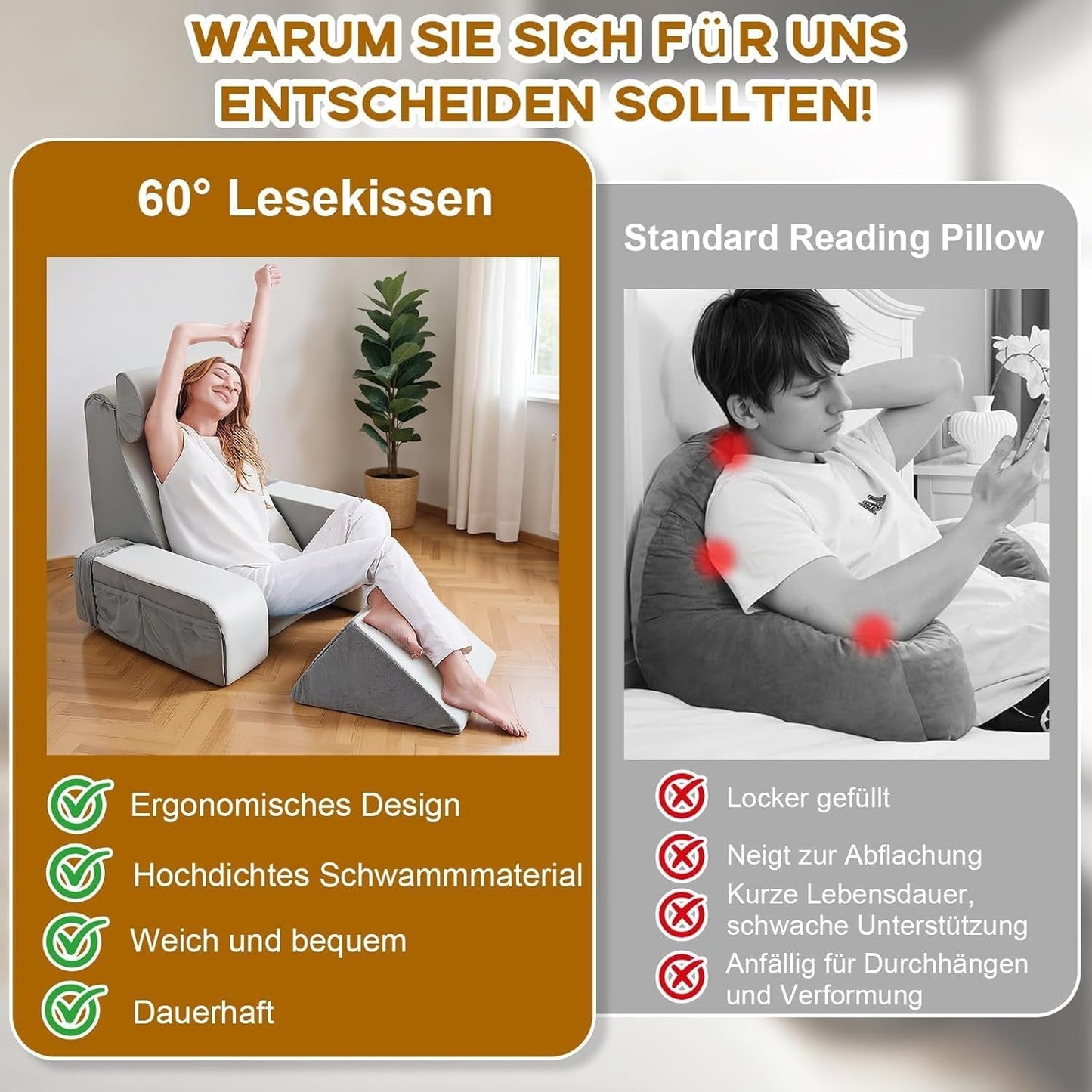 Almohada de lectura con soporte para el cuello y apoyabrazos desmontables, cómoda y liviana almohada para la espalda para cama y sofá, almohada para la espalda para adultos, respaldo de espuma viscoelástica para leer, mirar televisión y videojuegos