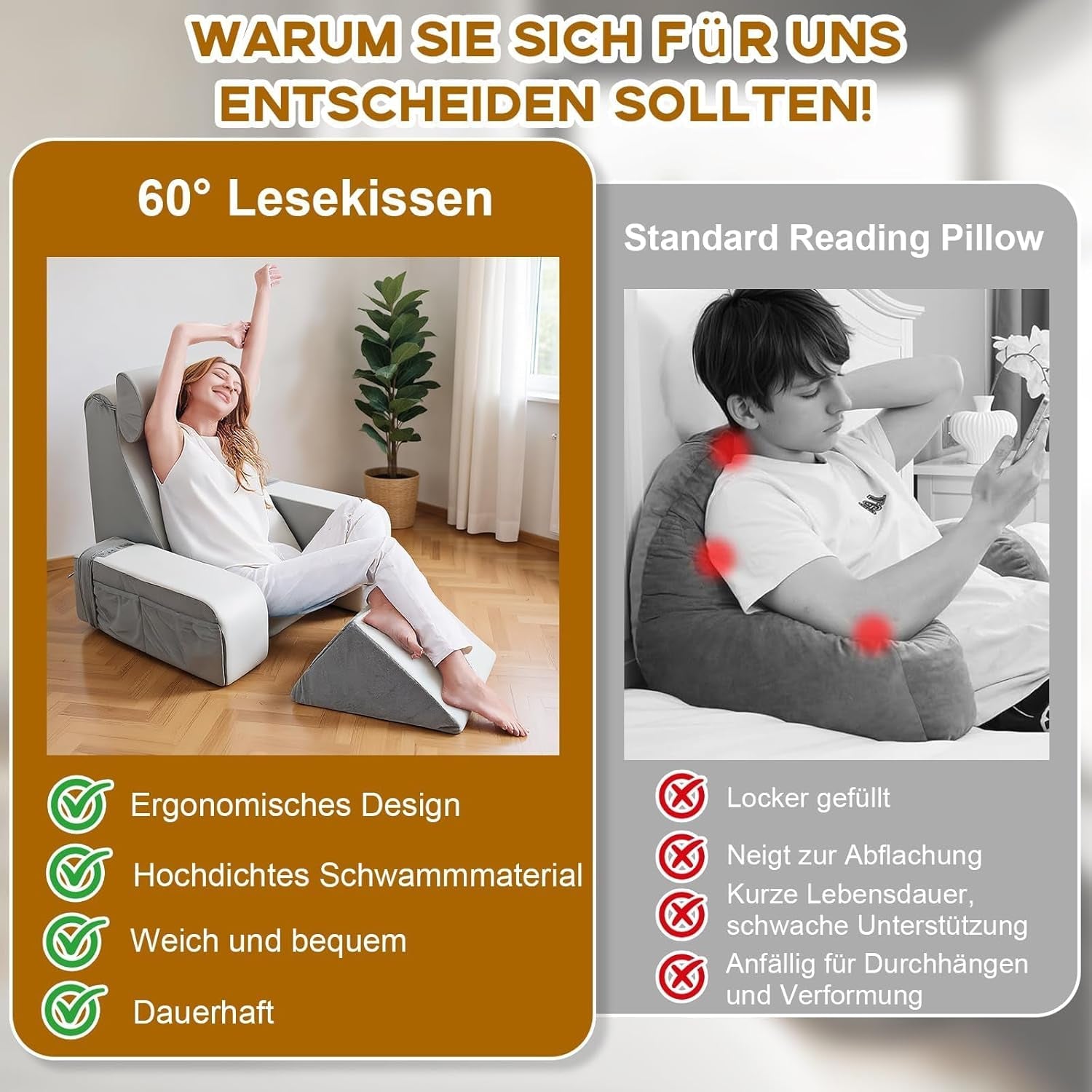 Almohada de lectura con soporte para el cuello y apoyabrazos desmontables, cómoda y liviana almohada para la espalda para cama y sofá, almohada para la espalda para adultos, respaldo de espuma viscoelástica para leer, mirar televisión y videojuegos