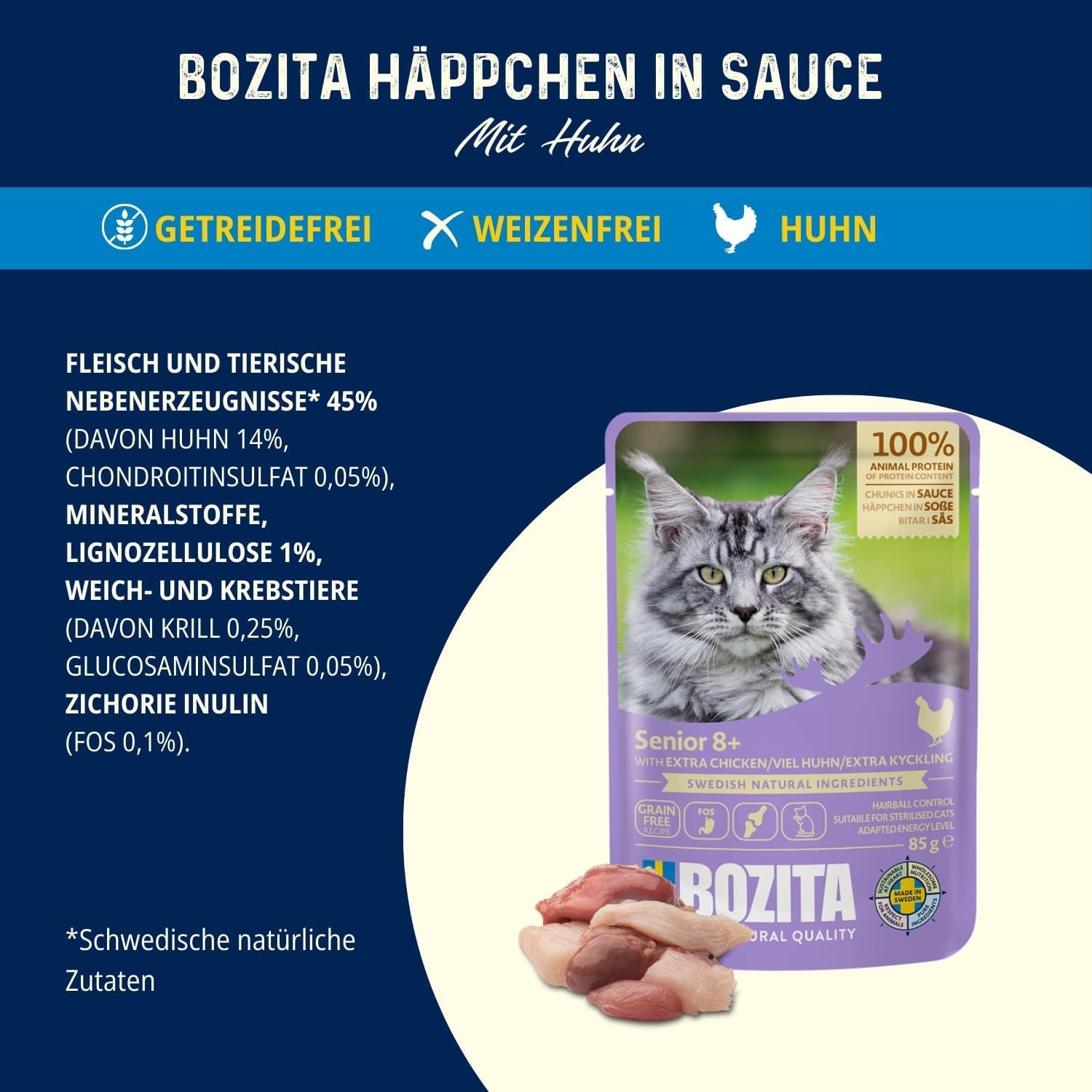 Bozita Senior 8+ Mound comida húmeda para gatos con cereales y mucho pollo - 12 sobres x 85g, comida húmeda para gatos sin cereales ni trigo - Comida húmeda para gatos con 8,5% de proteínas y 4,5% de grasas