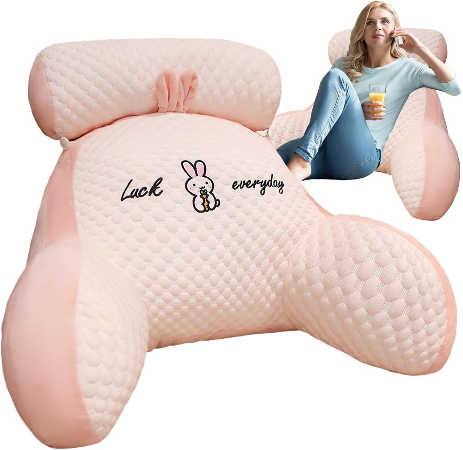 Almohada de lectura, almohada de cama, almohada de espalda extra grande para adultos de 70 x 50 cm para leer con rollo de cuello desmontable y brazo de apoyo, cómoda almohada de lectura para cama y sofá (rosa, extra grande)
