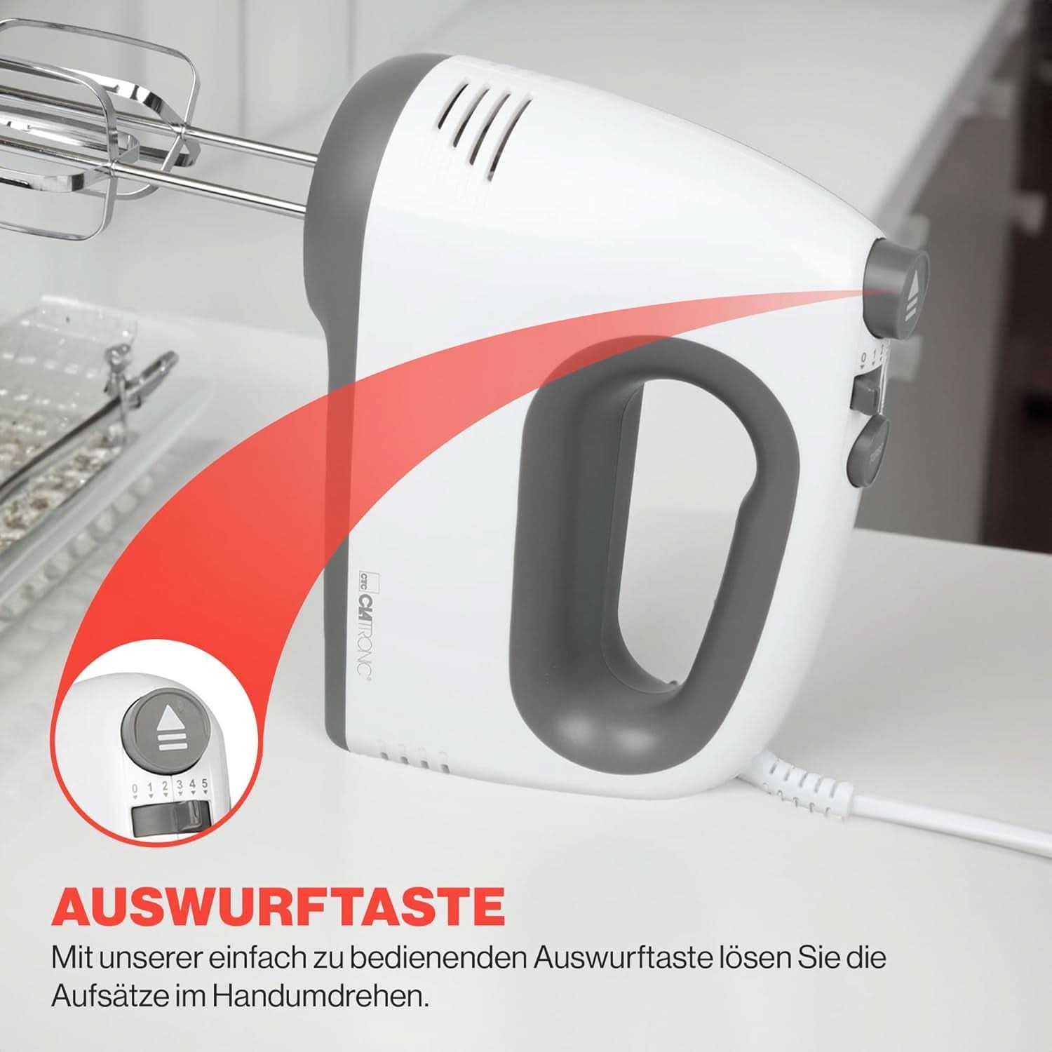 Mezclador Clatrónico | Motor Kraftvoller de 400 vatios | Batidora de mano | Turbostufe y 5 Geschwindigkeitsstufen | Batidora de mano | Spülmaschinengeeignete Edelstahlquirle Und -Knethaken | HM 3775 Cocina Tienda Naty