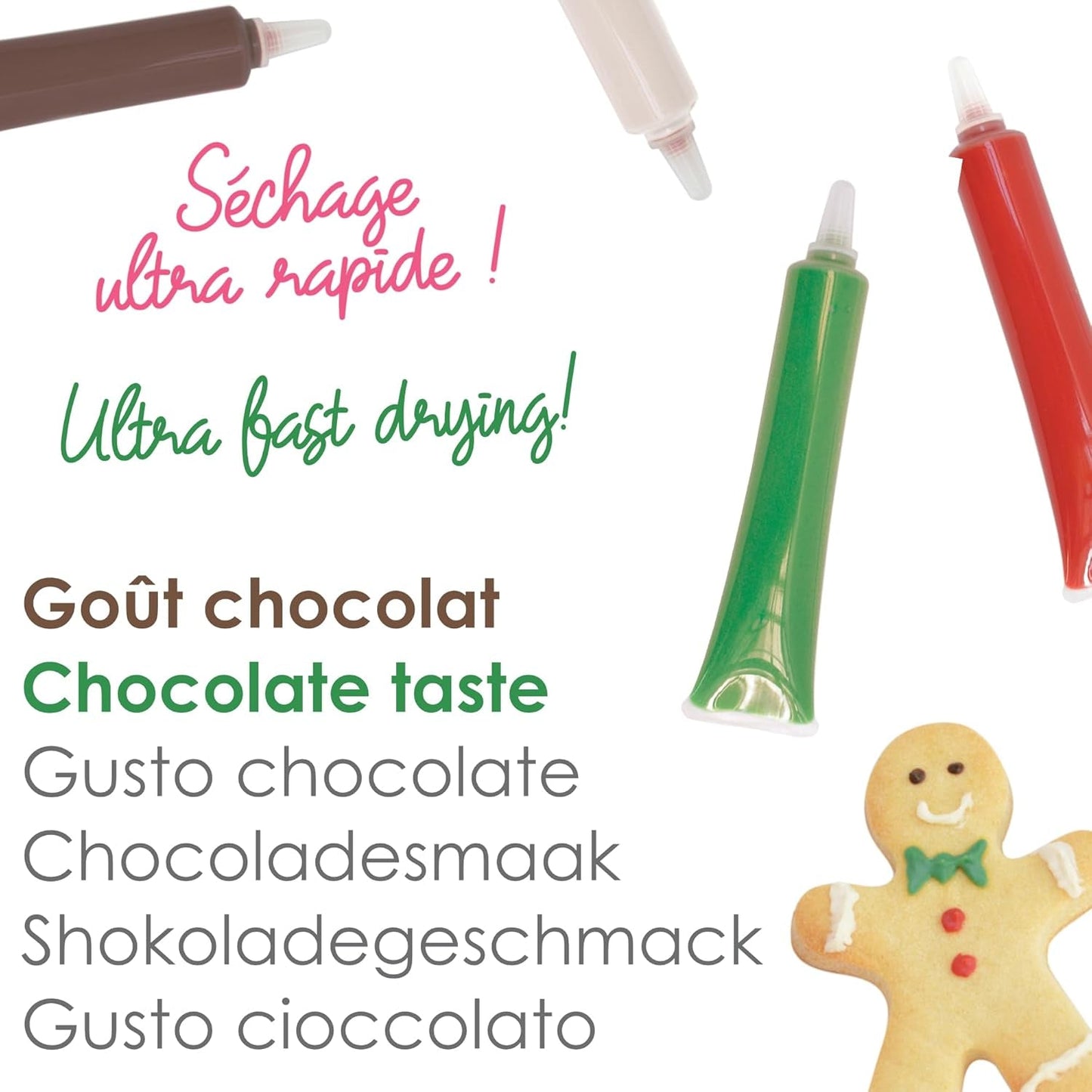 Scrapcooking - Juego de 4 Lápices de Colores Chocolate Navideño - Marrón, Blanco, Verde y Rojo - Colorante Comestible - Colorante Alimentario para Escribir - Escribir y Dibujar sobre Postres, Tartas y Galletas - 7060