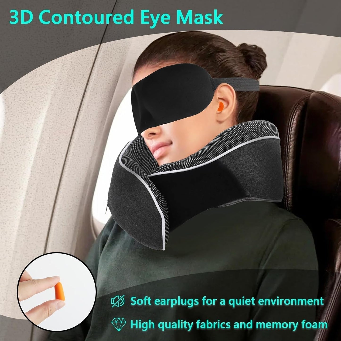 KILDOWS Almohada Cervical para Avión, Almohada de Viaje Viscoelástica, Almohada de Viaje para Avión con Antifaz y Tapones para los Oídos, Almohada Ortopédica para el Cuello, Ideal para Viajar en Avión, Coche, Tren Almohadas Ortopédicas Cervicales Naty Shop
