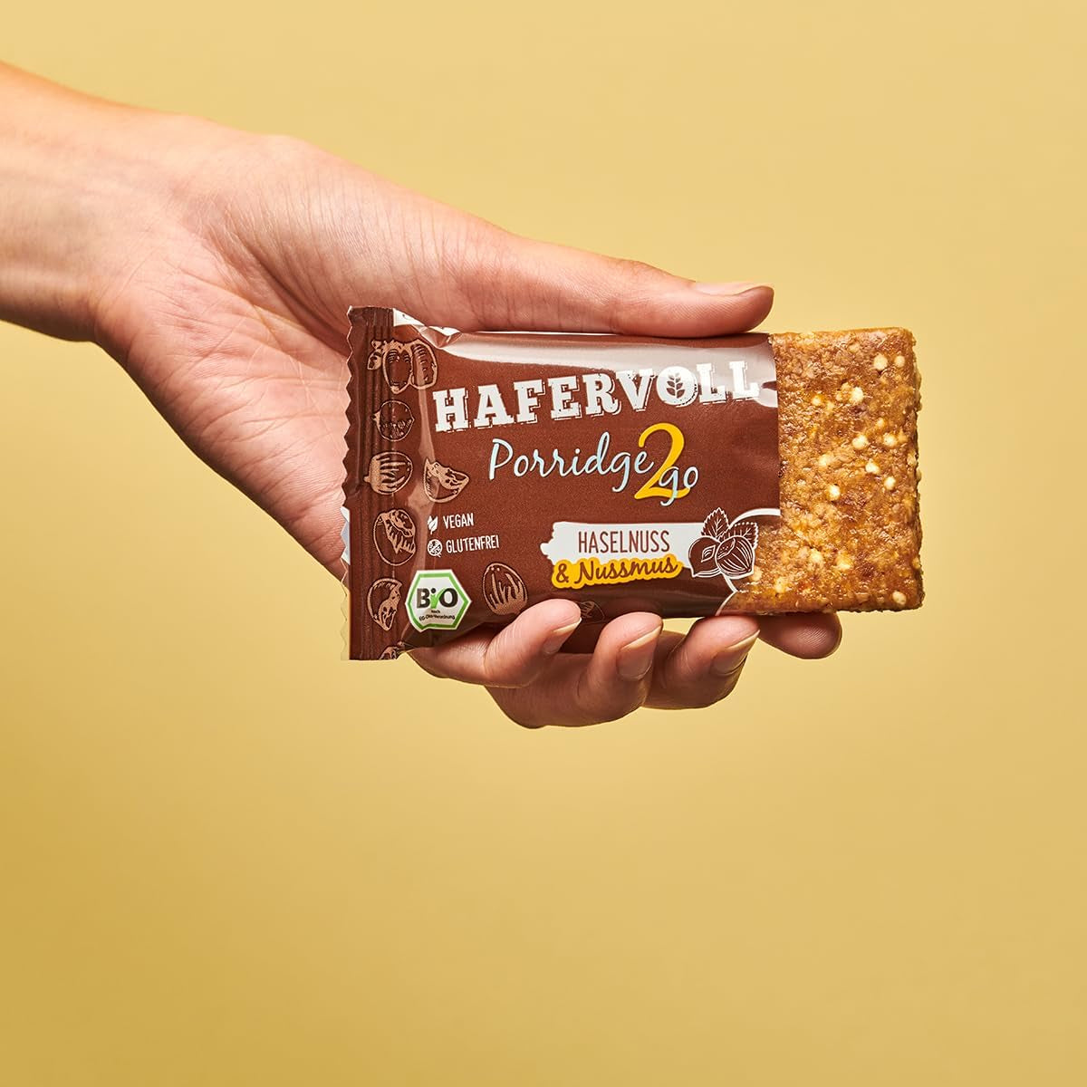 Hafervoll Porridge2go Mantequilla de maní y nueces, 13 barras x 55 g - Snack vegano, orgánico, sin gluten, sin azúcares añadidos, con avena, dátiles y caramelo de quinua