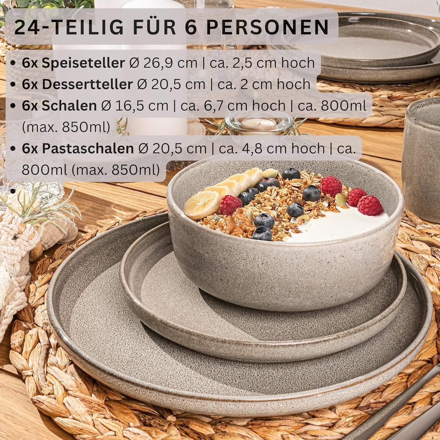 SÄNGER El Cairo Arcilla | Juego de Vajilla de 24 Piezas, Juego de Vajilla de Gres para 6, 6 Platos, 6 Platos de Postre, 6 Tazones para Pasta, 6 Tazones para Servir, Juego de Vajilla Gris | LA COLECCIÓN DE VALOR