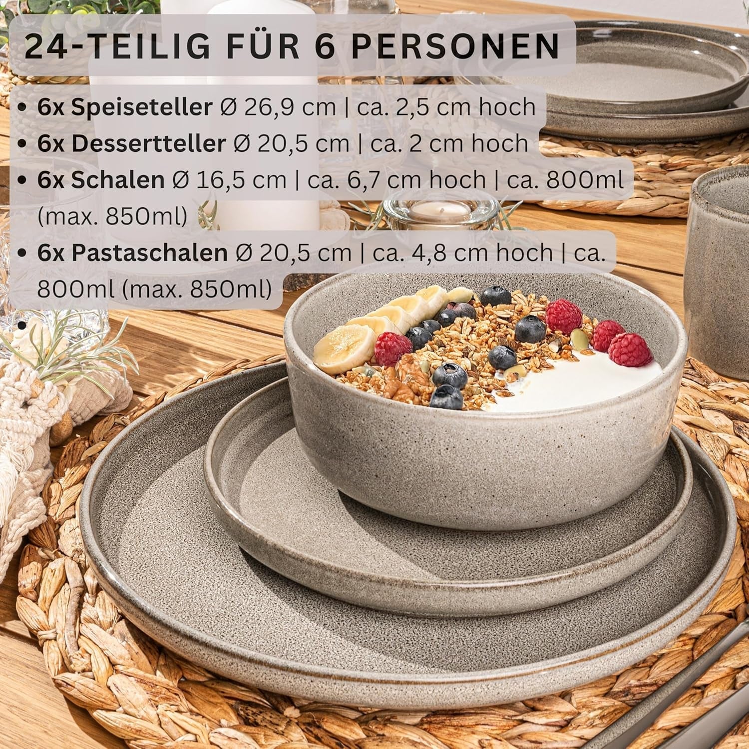 SÄNGER El Cairo Arcilla | Juego de Vajilla de 24 Piezas, Juego de Vajilla de Gres para 6, 6 Platos, 6 Platos de Postre, 6 Tazones para Pasta, 6 Tazones para Servir, Juego de Vajilla Gris | LA COLECCIÓN DE VALOR