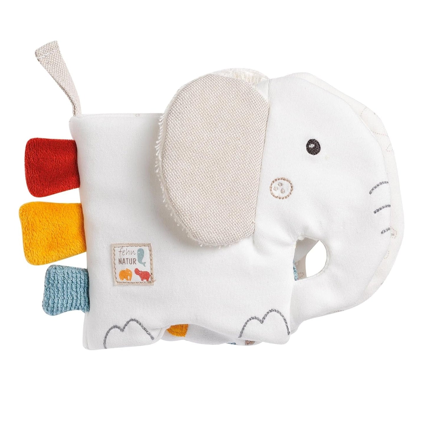 Fehn Libro ilustrado blandito Bruno - libro blandito para bebés de tela con motivos de animales - libro de juguetes de tela para colgar en cochecitos y sillas de coche para bebés - libro con botones automáticos para bebés y niños a partir de 0 meses Baby Toys Naty Shop Elefante naturaleza