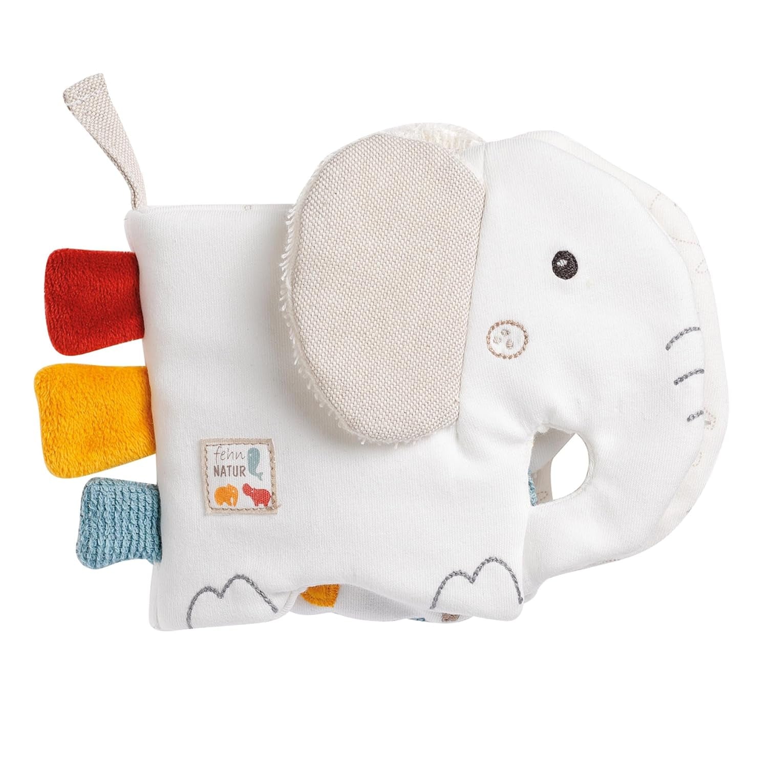 Fehn Libro ilustrado blandito Bruno - libro blandito para bebés de tela con motivos de animales - libro de juguetes de tela para colgar en cochecitos y sillas de coche para bebés - libro con botones automáticos para bebés y niños a partir de 0 meses Baby Toys Naty Shop Elefante naturaleza