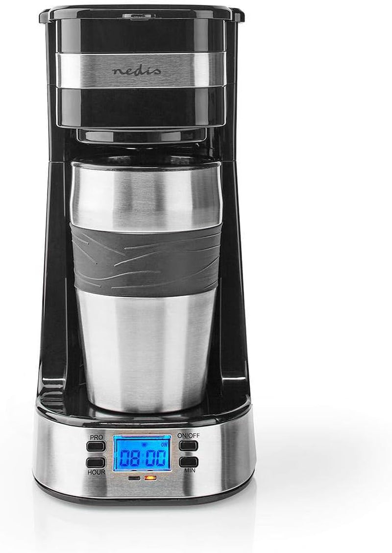 NEDIS Espressor - Café filtrado - 0,4 l - 1 taza - Temporizador - Negro / Plata