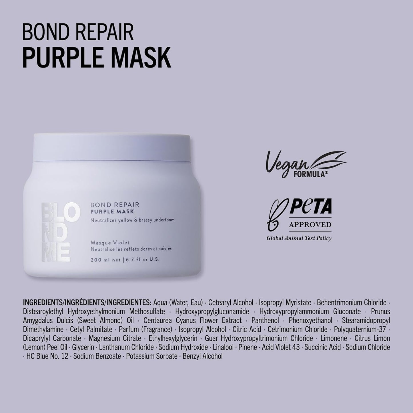 Schwarzkopf Professional BLONDME Bond Repair Purple Mask Mascarilla para cabello frío Neutraliza los tonos amarillos para cabellos teñidos, decolorados y claros Acondicionador profundo y fortalecedor 200 ml Mascarilla capilar Naty Shop