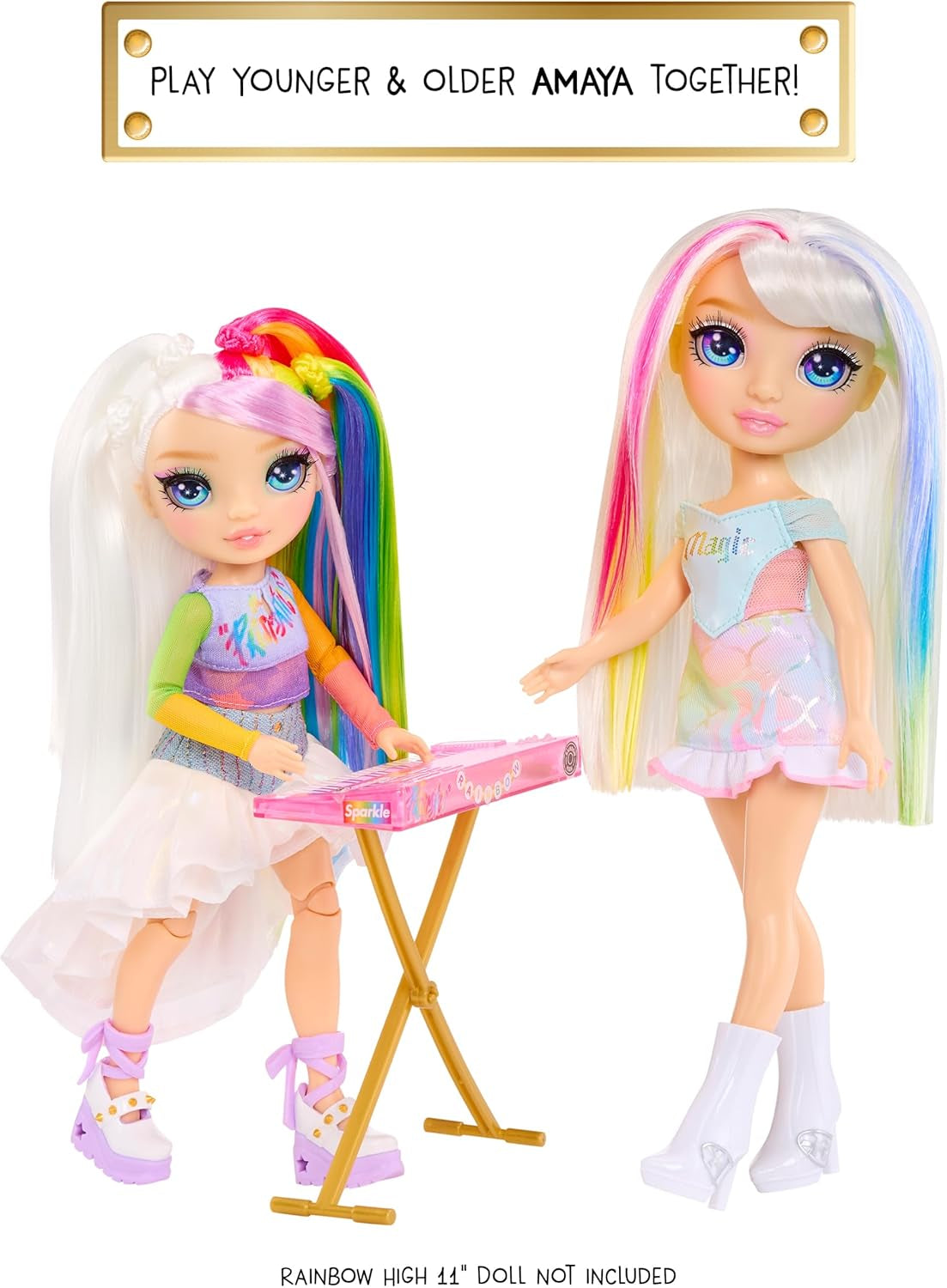 Rainbow High Junior High Rock Band - Amaya, Rainbow Colors - Muñeca de moda de 23 cm con teclado, personalizable con pegatinas, articulado, lindo juguete para niños a partir de 4 años