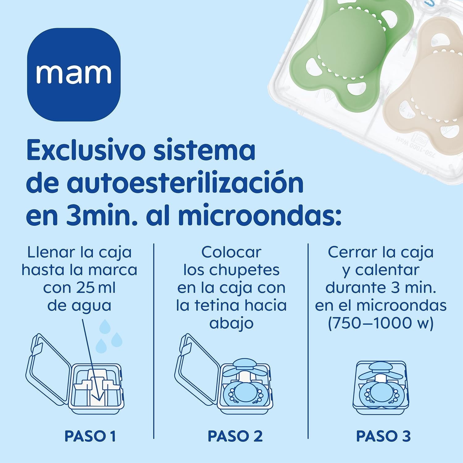 Chupete MAM de caucho natural, 2-6 meses, con tetina simétrica, plano y flexible, con caja autoesterilizable, neutro mate, 2 piezas