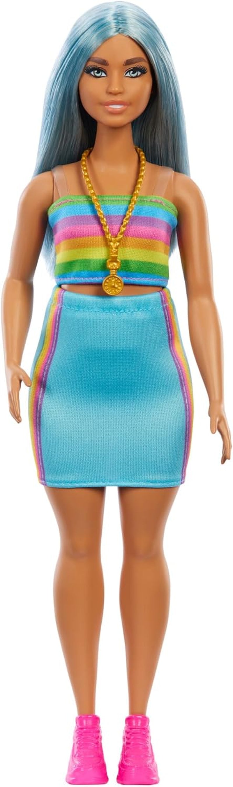 Muñeca Barbie Fashionistas núm. 218 con pelo largo azul, top arcoiris y falda turquesa, muñeca de moda coleccionable cumpleaños 65, HRH16 Naty Shop Dolls