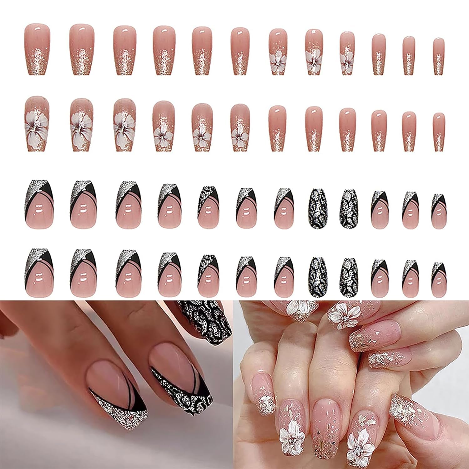 Uñas artificiales con purpurina Natural, prensa corta sobre uñas acrílicas autoadhesivas con purpurina para mujeres y niñas, accesorios para decoración de uñas, 48 ​​Uds.