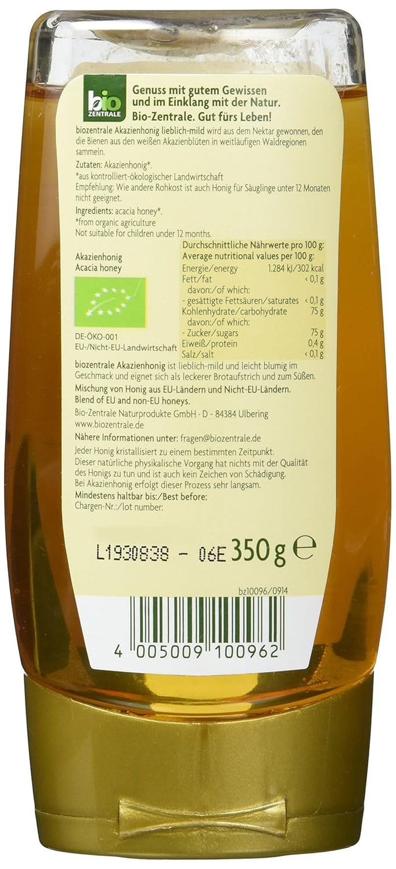 Biozentrale Miel de acacia biológica | 350 g Miel ecológica de flores de acacia blanca | Ideal para untar Miel orgánica para té | Alternativa a la miel en forma de panal (paquete de 2)
