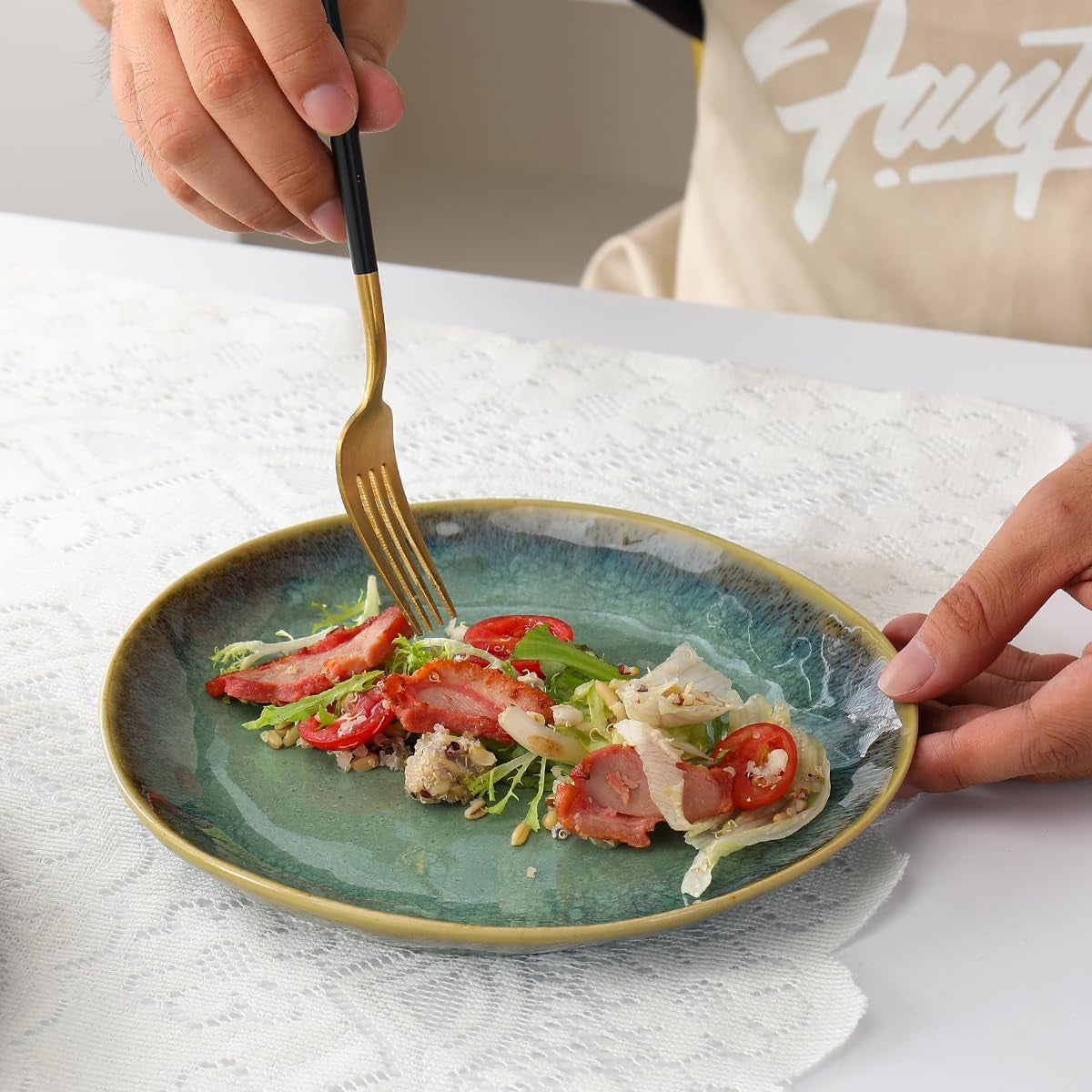 Henten Home Platos especiales de gres, cuencos para aperitivos y salsas - 20x17 cm para 4 personas, platos de desayuno de porcelana - diseño moderno en verde