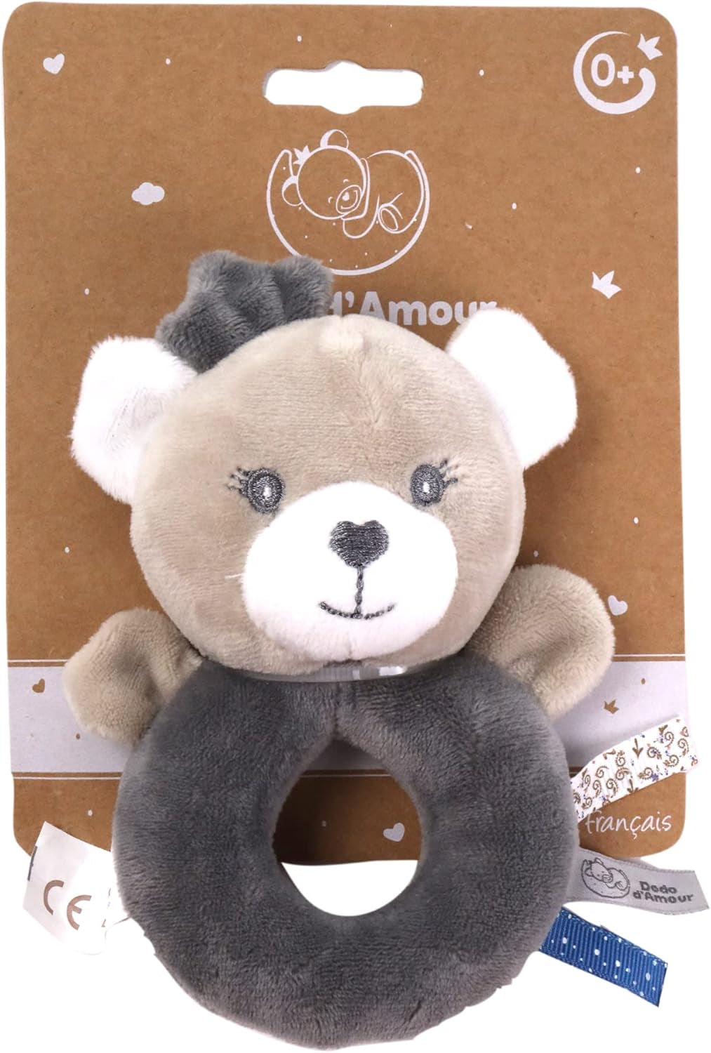 - Peluche con sonajero - Oso - 012290 - Gris - Polar - Nacimiento - Peluche - Bebé - Calmante - Blando - Lavable - 13 cm x 10 cm - Desde 0 meses Juguetes Bebé Naty Shop