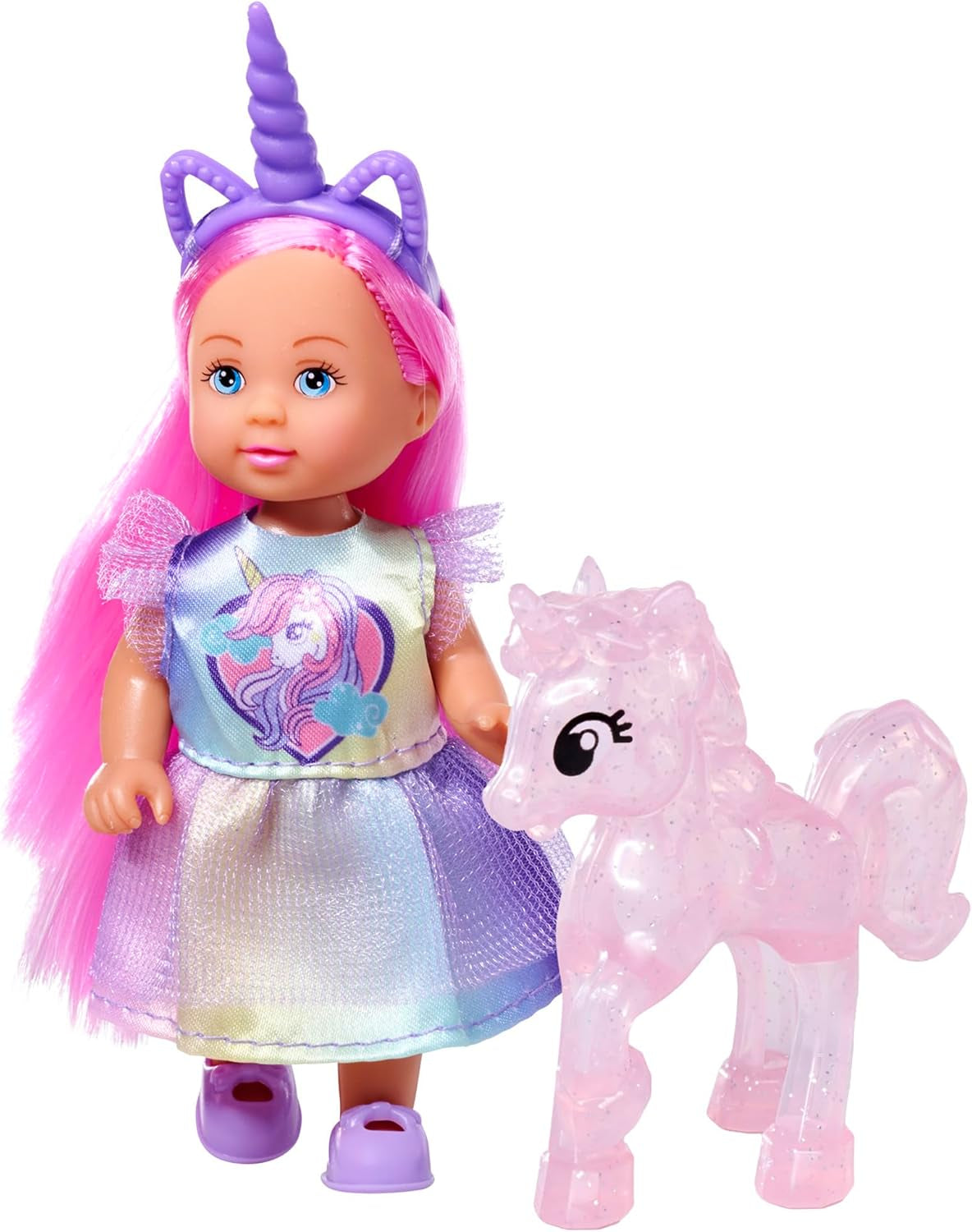 Simba Evi Love Unicorn Play Doll con un lindo vestido de unicornio con diadema a juego, que incluye un unicornio con establo, manzanas y una botella para beber, 12 cm, mayores de 3 años