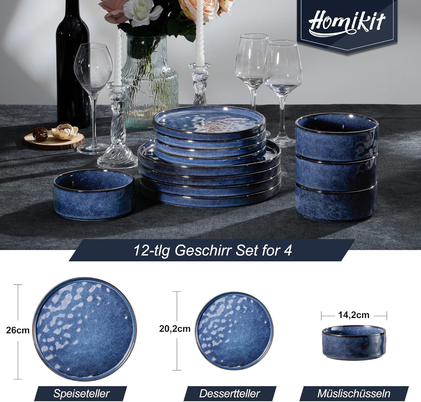 Homikit Juego de Vajilla de 12 Piezas para 4, Combo de Vajilla con Platos, Platos de Postre y Cuencos de Cereal, Apto para Microondas y Lavavajillas, Azul Elegante