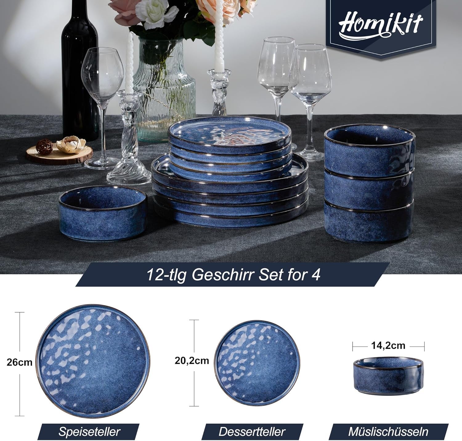 Homikit Juego de Vajilla de 12 Piezas para 4, Combo de Vajilla con Platos, Platos de Postre y Cuencos de Cereal, Apto para Microondas y Lavavajillas, Azul Elegante