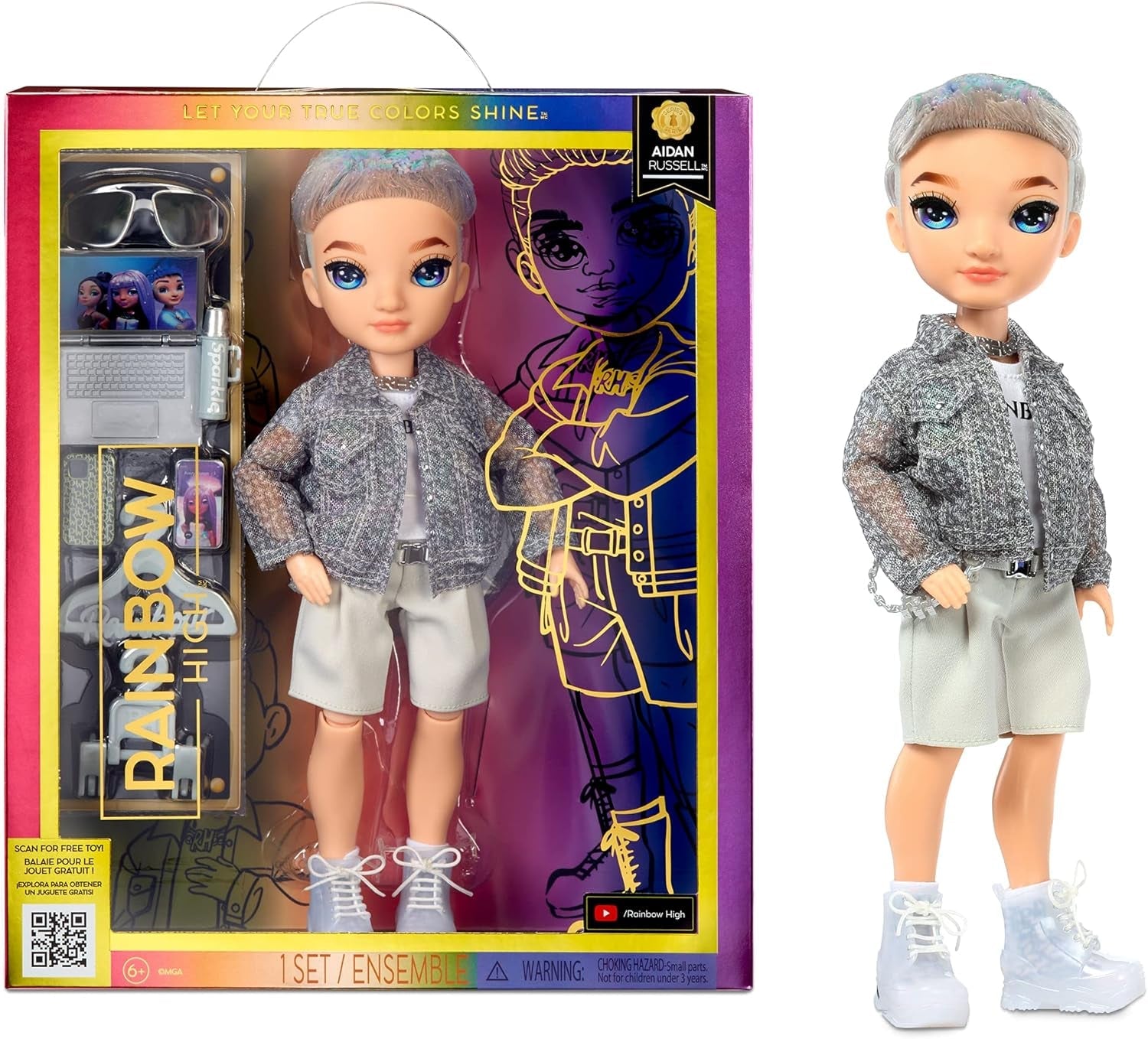 Muñeca Rainbow High Fashion - Aidan Russell - Muñeco morado - Conjunto moderno y más de 10 accesorios de juego coloridos - Para coleccionistas y niños de 4 a 12 años