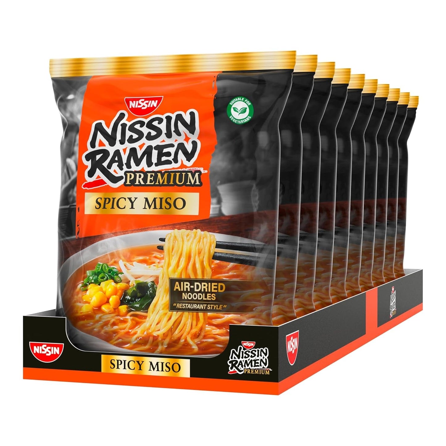Nissin Ramen Premium - Miso Spicy Paquete de 10 fideos instantáneos secados al aire estilo japonés para ramen 'estilo restaurante' con un sabor ligeramente picante de miso y hojuelas de wakame (10 x 90,7 g)