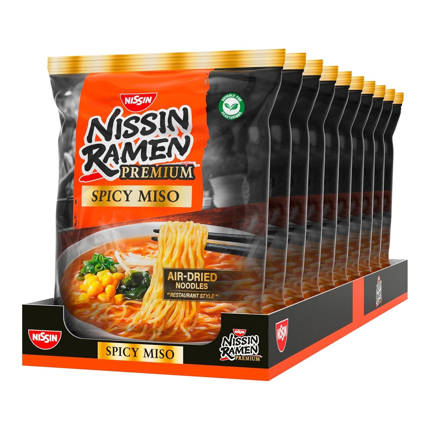 Nissin Ramen Premium - Miso Spicy Paquete de 10 fideos instantáneos secados al aire estilo japonés para ramen 'estilo restaurante' con un sabor ligeramente picante de miso y hojuelas de wakame (10 x 90,7 g)