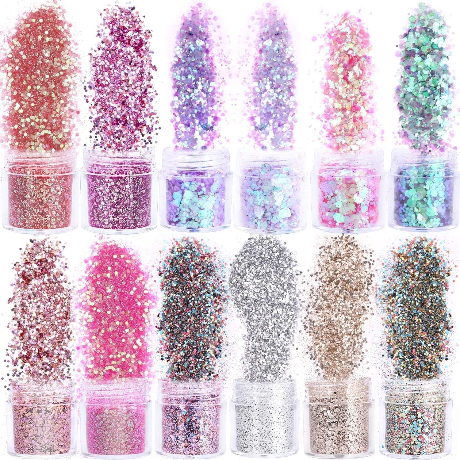 HOWAF 12 cajas de purpurina para uñas, cepillo para el rostro y el cuerpo, maquillaje con purpurina, purpurina para uñas, ojos, labios, pelo, decoración corporal, Halloween, Navidad, festivales, disfraces, accesorios de maquillaje