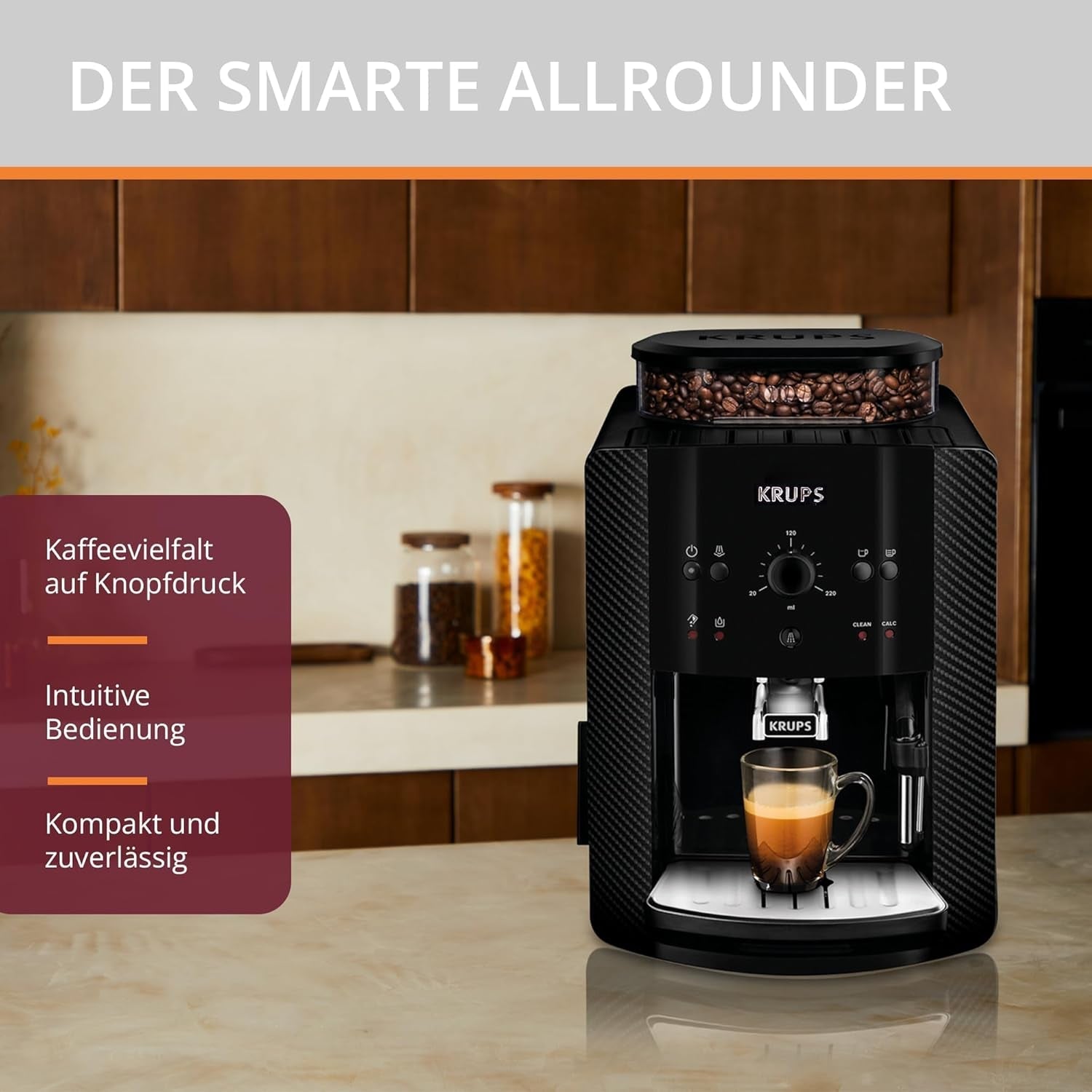 KRUPS Cafetera espresso automática Arabica Picto, diseño compacto, fácil de usar, control giratorio ajustable intuitivo, espumador de leche, función 2 tazas, cafetera espresso, negra, EA810870