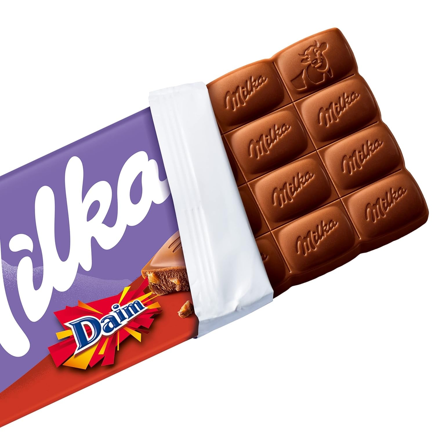 & Daim 1 x 100g I Chocolate con leche alpino I Con trozos de caramelo y almendras I Chocolate con leche 100% alpino I Barra de chocolate con Daim (Pack de 4)