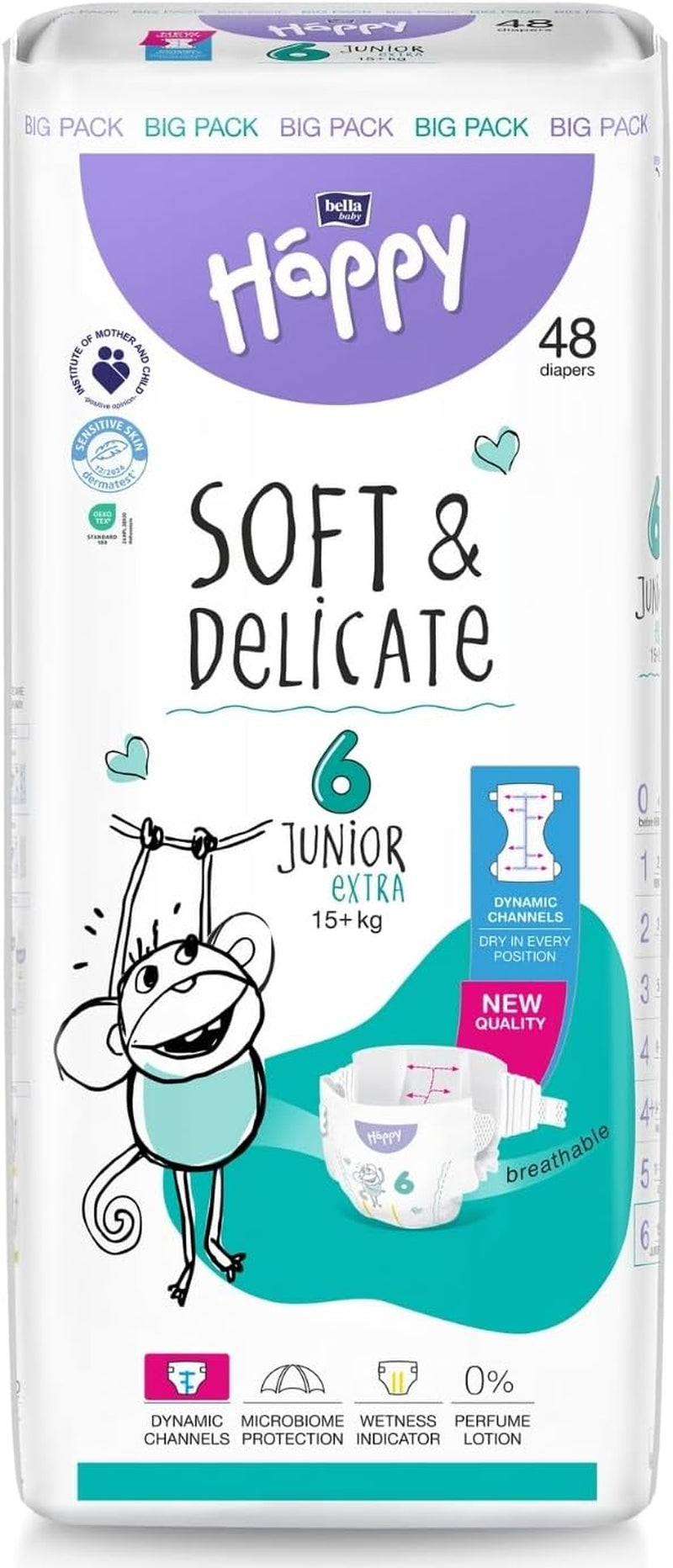 Pañales Bella Baby Happy Premium, Talla 6, Junior Extra, 15+ kg, 96 piezas, Sello DERMATEST y OEKO-TEX, Pañales Desechables para Bebé