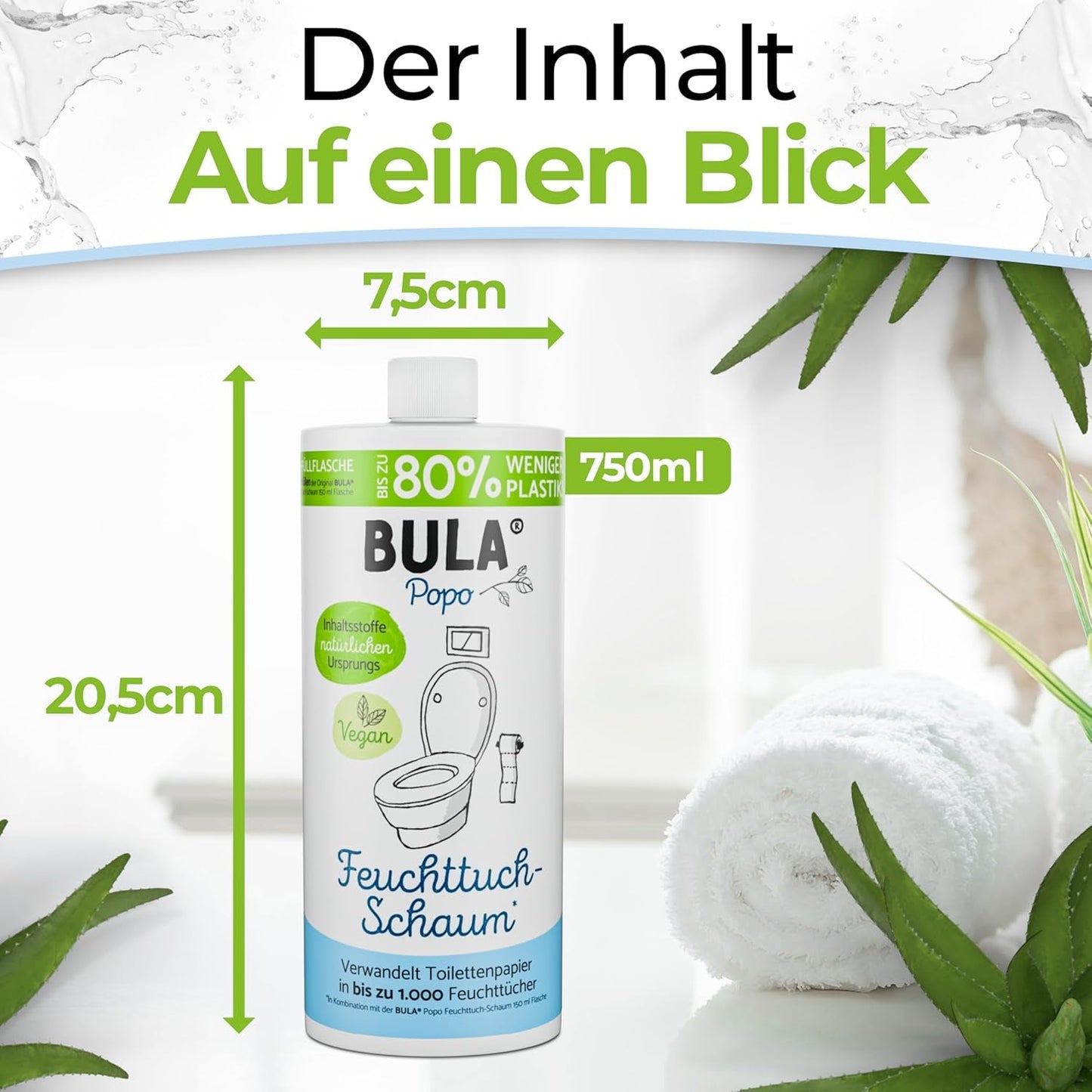 Botella de recambio BULA® Popo (750 ml) ¡SOLO PARA RELLENAR nuestras botellas de 150 ml y 50 ml! | ¡Reemplaza hasta 1000 toallitas! | Con ingredientes de origen natural